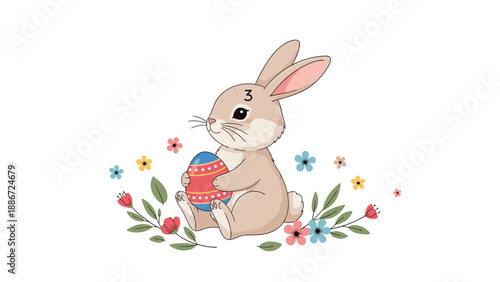 Adorable Easter bunny sitting and holding a large red decorated egg surrounded by colorful spring flowers and green leaves on white background.