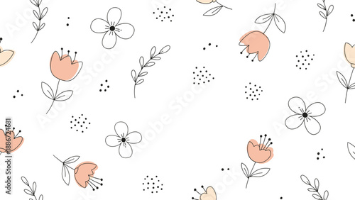 Seamless pattern featuring simple hand drawn flowers and leaves in peach and black line art on a white background for a delicate look.