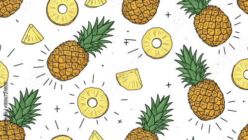 Fun seamless pattern featuring whole pineapples and sliced pineapple rings with star accents on a clean white background for summer theme.