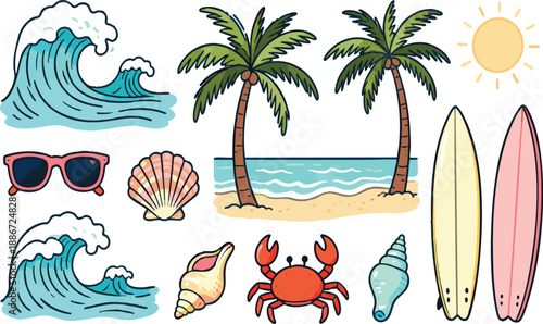 Summer Beach Doodles Cute Waves, Palms and Surf