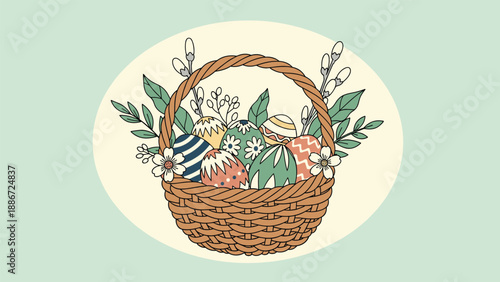 Traditional wicker Easter basket overflowing with various decorated eggs, spring flowers, and willow branches on a soft green background.