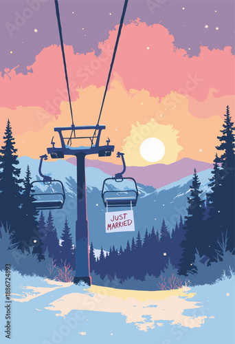 Aspen, Colorado ski resort sunset ski lift chair empty Just Married or Love sign hanging from it Snowy romantic mountain view Flat