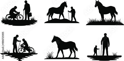 Horse and people silhouette set showing rural lifestyle scenes, walking horse, cycling moments, countryside activities, black vector icons isolated on white background