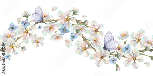 Apple tree branches blooming with white flowers and lilac butterflies. Hand-drawn watercolor illustration. Seamless border pattern, floral garland for spring wedding and holiday designs.