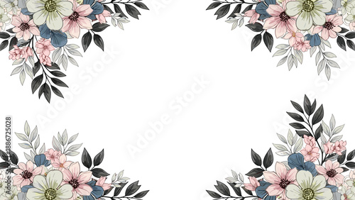 Elegant floral border featuring delicate bouquets of pink and white flowers with dark green and grey leaves in the four corners on white background.