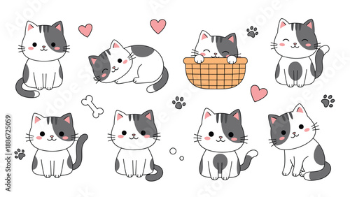 Set of eight adorable grey and white cartoon cats in various poses including sitting, sleeping, and peeking from a wicker basket with hearts.