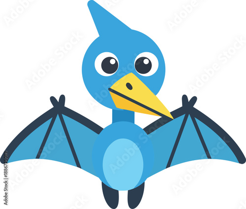 A blue bird with a yellow beak flying in mid-air, depicted in a cartoon illustration style