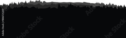 Layered forest silhouette horizon with distant hills and pine trees against white sky minimalist landscape background for stock and design use