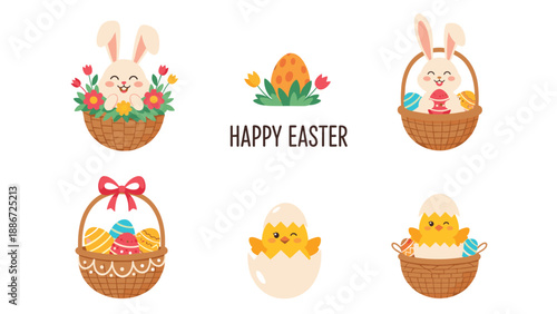 Set of six adorable Easter themed icons featuring bunnies and chicks in baskets and eggs with Happy Easter text on a white background.