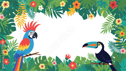 Vibrant tropical jungle frame featuring exotic birds like parrot and toucan perched on branches surrounded by lush green foliage and colorful flowers.