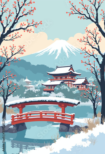 Kyoto, Japan winter snowcovered pagoda red bridge Branches red berries snow forming romantic shapes Peaceful