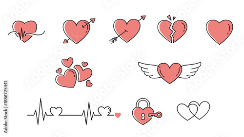 Set of pink heart icons featuring various romantic themes like arrows, wings, broken heart, padlock, and heartbeat pulse on a white background.