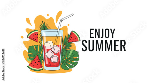 Vibrant summer illustration featuring a refreshing cocktail with ice cubes, watermelon slices, and tropical leaves with the text enjoy summer.