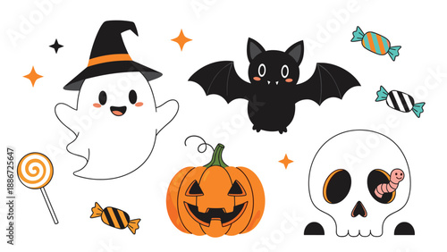 Fun set of halloween characters and items featuring a cute ghost in a witch hat, a bat, a pumpkin, a skull, and various colorful candies.