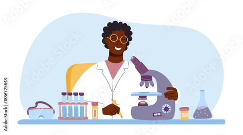 Male scientist in laboratory with microscope and test tubes. Concept of biotechnology, medical research, science, chemistry. Vector flat illustration.
