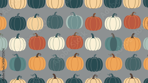 Elegant seamless pattern featuring a variety of pumpkins in soft shades of orange, green, blue, and white on a solid gray background.