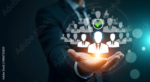 Businessman holding glowing human network