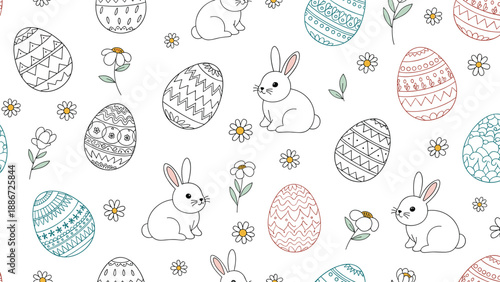 Delightful seamless pattern featuring line drawings of cute white bunnies, decorated easter eggs, and daisies on a white background.