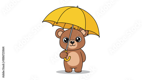 Adorable illustration of a cute brown teddy bear holding a yellow umbrella and smiling on a clean white background.