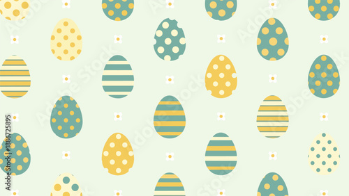 Charming seamless pattern featuring various patterned easter eggs in shades of yellow, green, and cream on a soft mint background.
