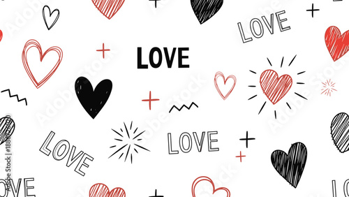 Modern seamless pattern featuring hand drawn love text and various heart sketches in black and red on a white background.