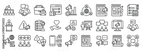 Public Relations icon collection. Containing design business, public relations, management, corporate	