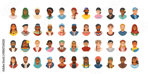 Set of people avatars wearing traditional clothing isolated on white. Concept of equality, cultural diversity, friendship, inclusion. Vector flat cliparts.
