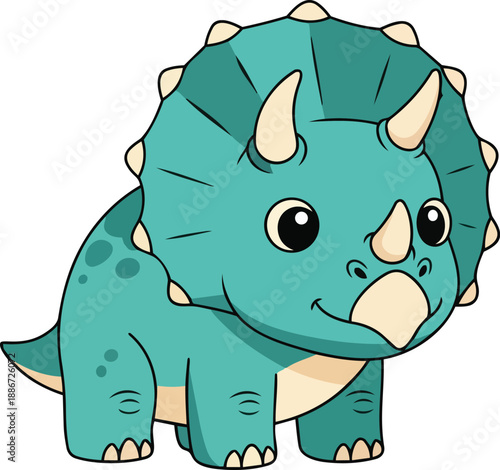 A cartoon dinosaur stands alone, its vibrant teal body and beige spikes standing out in a simple illustration, viewed from the front.