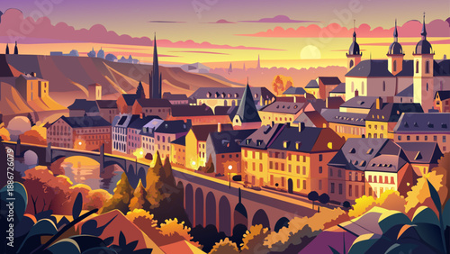 Very beautiful sunset view of Luxembourg City with warm golden light illuminating historic buildings, deep valleys, and layered city architecture creating a calm and elegant European atmosphere.