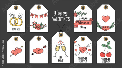Collection of cute valentine gift tags featuring romantic themes like rings, hearts, champagne glasses, and cherries on a dark gray background.