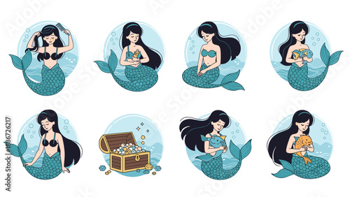 Collection of eight circular illustrations featuring beautiful mermaids in different underwater activities with fish and treasure chests.