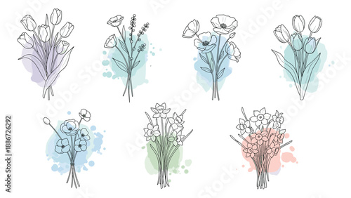 Set of elegant flower bouquets in black line art with soft watercolor splashes in various pastel colors on a clean white background.