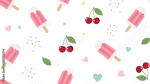Seamless summer pattern featuring pink popsicles, red cherries, mint hearts, and green leaves on a clean white background for design.