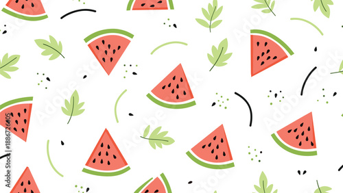 Vibrant seamless pattern of watermelon slices with black seeds and green leaves scattered on a white background for summer design themes.
