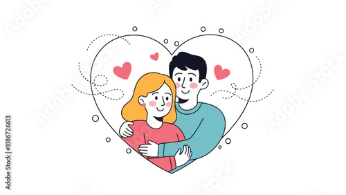 Sweet illustration of a young couple hugging inside a large heart-shaped frame with small hearts and decorative lines on a white background.
