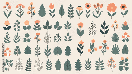 Large collection of diverse botanical elements including flowers and leaves in a limited color palette of peach and muted green on cream.