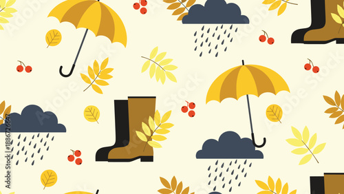Autumn themed seamless pattern with yellow umbrellas, rain clouds, rubber boots, falling leaves, and rowan berries on a light background.