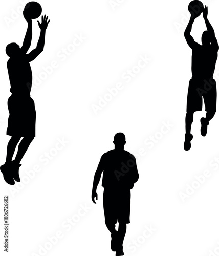 Silhouettes of basketball players in action, with one player walking below