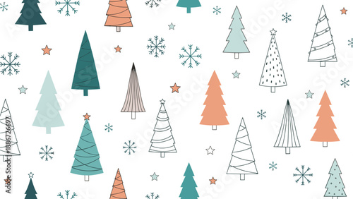 Seamless pattern of modern and playful Christmas trees with various textures and colors along with snowflakes and stars on a white base.