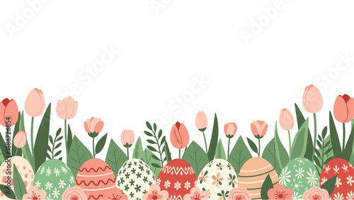 Horizontal border composed of colorful patterned Easter eggs and delicate pink tulip flowers with green leaves on a white background.