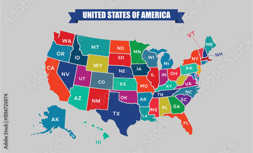 United States Map with State Abbreviations – High-Resolution Vector Map of the United States of America.	
