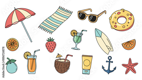 Set of colorful hand-drawn summer beach vacation items including an umbrella, sunglasses, cocktails, fruit, and various travel accessories.