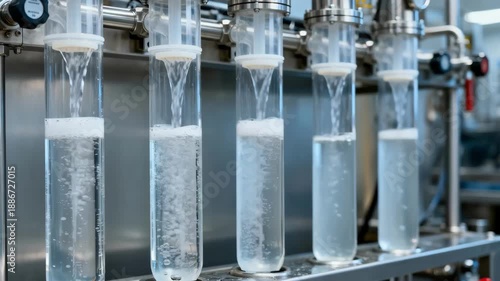 Medium shot capturing clear filtrate flowing through transparent tubes after carbonation and filtration highlighting purity and smooth liquid texture in a controlled processing