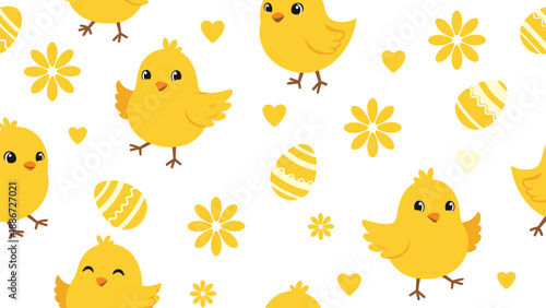 Bright seamless pattern featuring yellow chicks and colorful easter eggs on white background for spring holiday crafts.