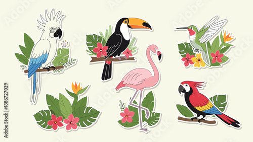 Colorful tropical bird sticker set featuring toucan flamingo and parrot with exotic flowers and jungle leaves.