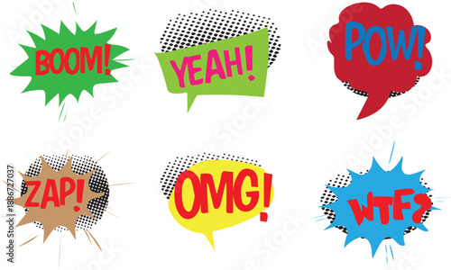 Collection of six colorful comic book style speech bubbles featuring vibrant onomatopoeia words like boom yeah pow zap omg and wtf representing various loud expressions and dynamic action sounds prefe