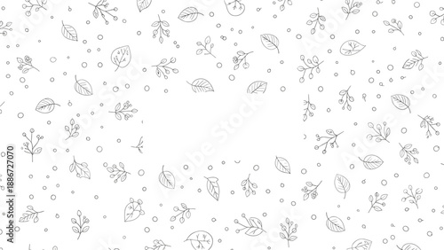 Delicate pattern of small leaves and branches in line art style with an empty center for personalized holiday text.