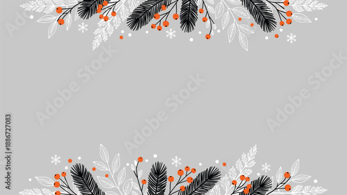 Festive winter border with fir branches and red berries on a grey background for elegant christmas greeting cards.