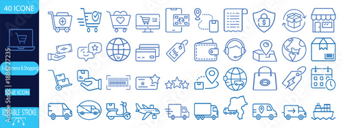 E-commerce and shopping line icon set, blue online store, delivery truck, digital wallet, secure payment, global logistics, and more vector illustration with editable stroke.