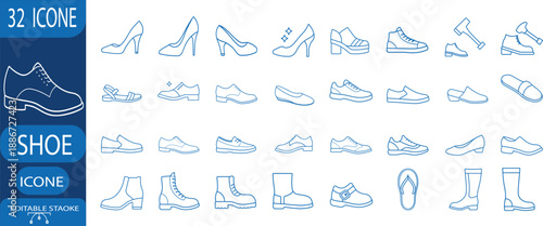 Shoe line icon set, blue high heels, casual sneakers, leather boots, formal loafers, fashion sandals, and more vector illustration with editable stroke.